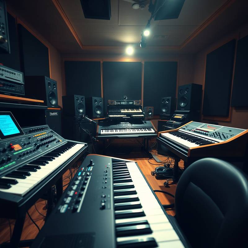 Electronic Music Production Masterclass - Image of synthesizers and electronic music equipment in a studio environment